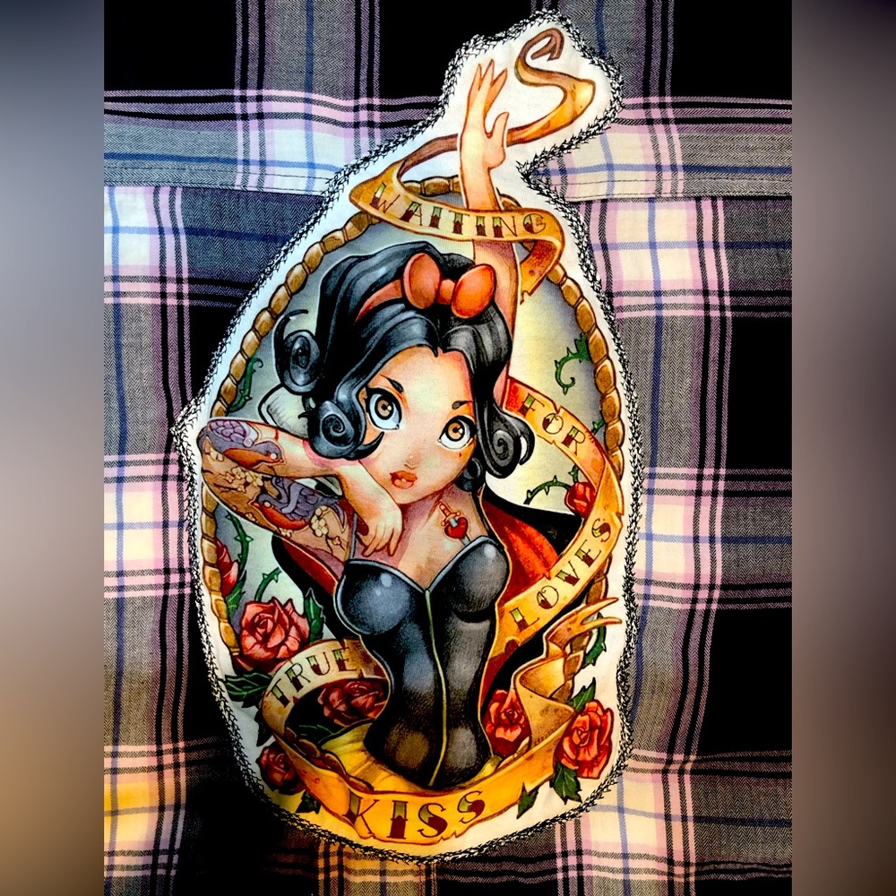 🫸HOLD🫷One of a kind upcycled wearable art! Snow White Tattoo flannel shirt
